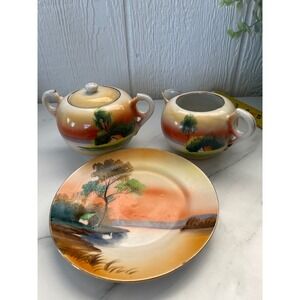 Noritake Hand Painted Sugar Bowl Creamer Plate Set Landscape Scene